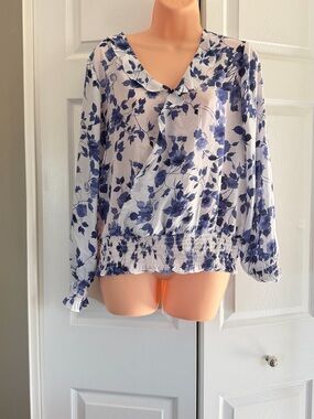 Counterparts White Blouse with Navy Floral Print